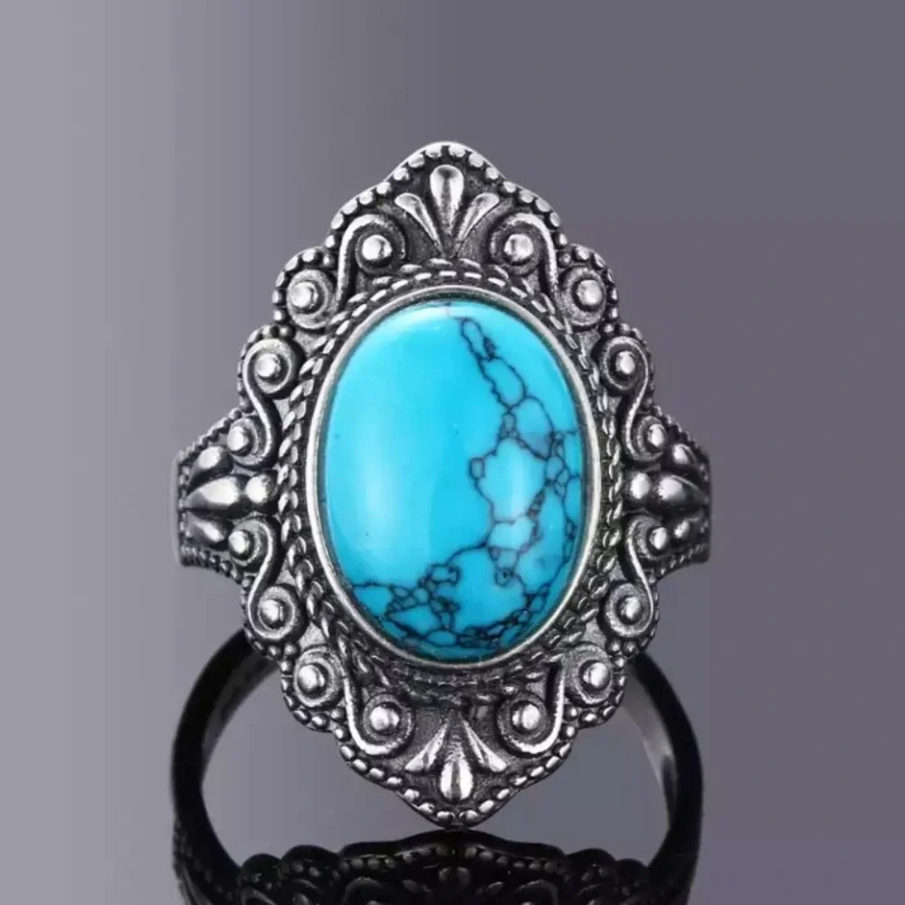 925 STERLING SILVER VINTAGE TURQUOISE NATURAL LABRADORITE SIZE 7 RING - Picture 1 of 5